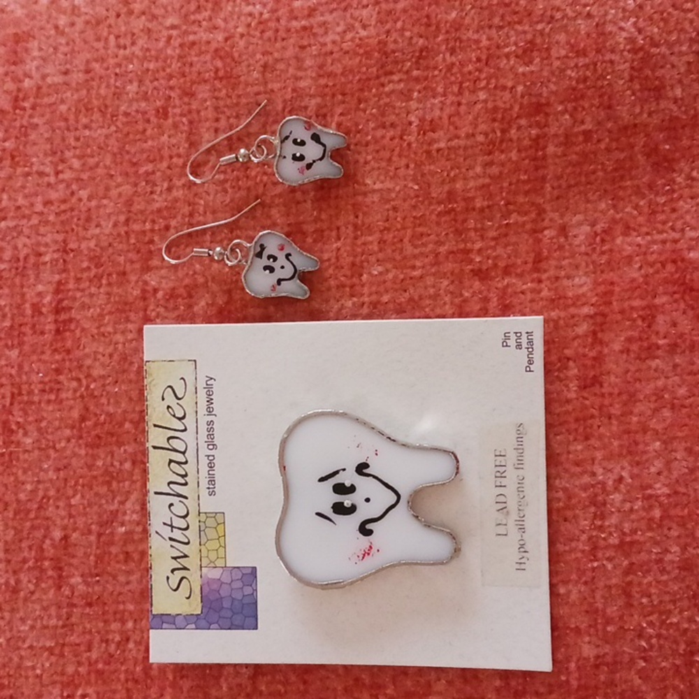 Switchables drop earrings pin pendant set stained glass tooth  white silver